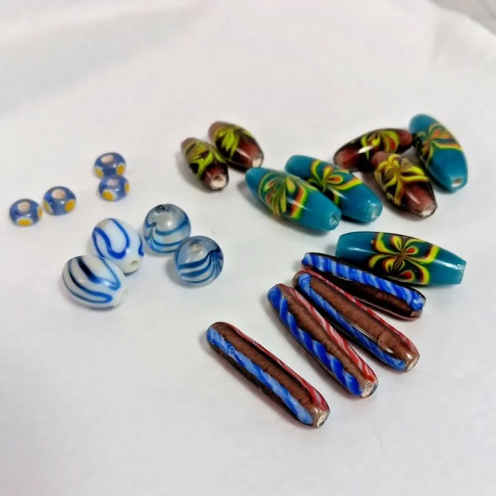 20 Glass Lampwork Beads Lot Mixed Swirls Blue White Red Wide Hole Used Vintage